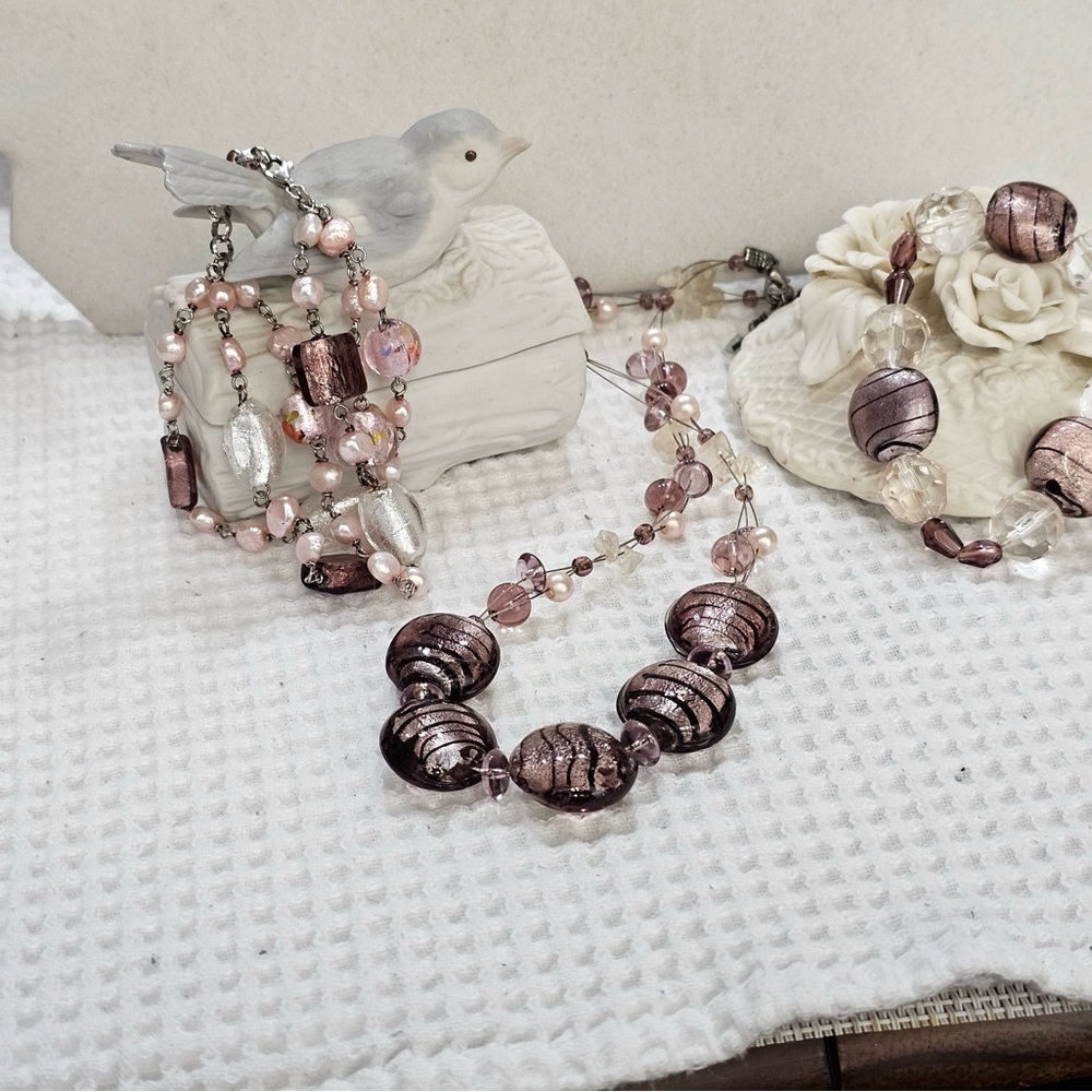 Glass Foil Bead and Pearl Necklace & Bracelets Bundle Set Shimmery Pink & Brown - Picture 4 of 12